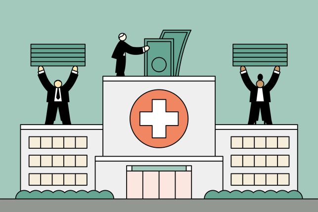 Illustration, small people in business suits putting money into a hospital like a piggy bank