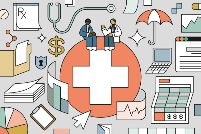 Illustration of two men having a conversation sitting on top of a health care symbol surrounded by various symbols representing things like data, technology, cost and coverage