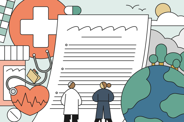 Illustration of two people reviewing policy about health care and climate change