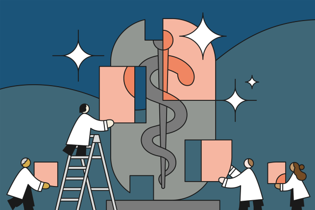 Illustration of doctors repairing an old American Medical Association logo with new colorful pieces