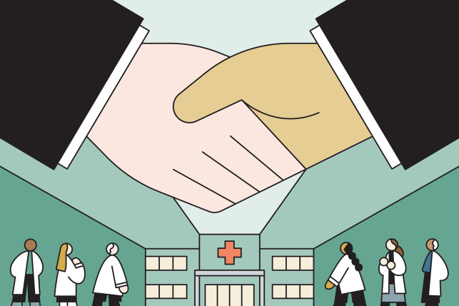 Two hands of people in suits shaking in the foreground, in the background are doctors and a hospital