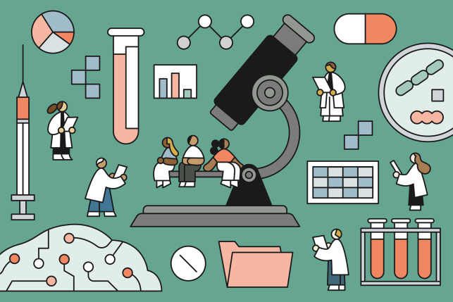 Illustration of diverse group of people in a clinical trial surrounded by doctors reading output