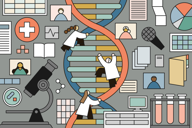 Illustration of doctors climbing up a DNA strand surrounded by lab equipment and other medical imagery