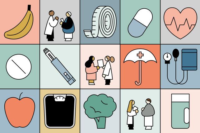 Illustration of doctors and patients talking surrounded by a variety of obesity icons including a scale and GLP-1 medication.