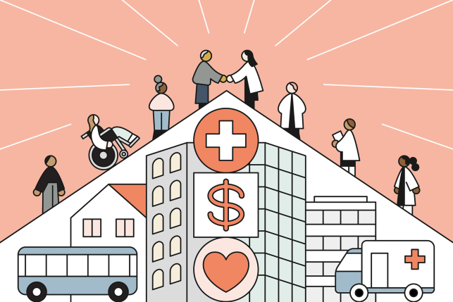 Illustration patients and doctors meeting in a handshake atop icons symbolizing value-based care like a plus sign, dollar sign, and heart.