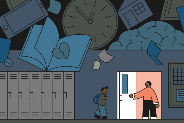 Illustration of student entering a safe classroom door held open by a teacher, in an effort to escape a school hallway that is filled with overwhelming mental health imagery