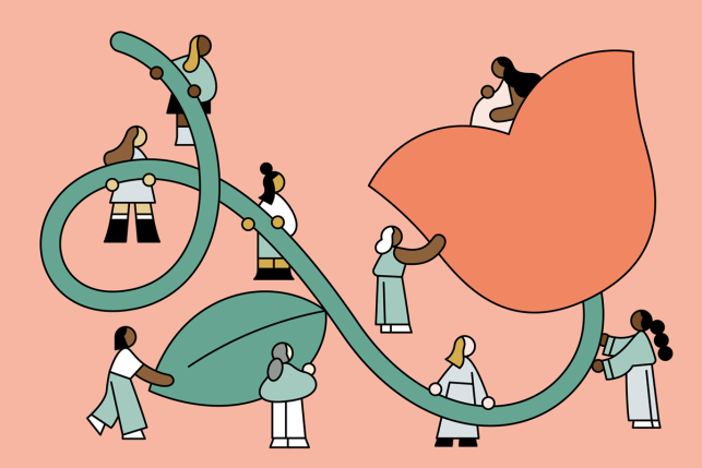 Illustration of doulas holding on to the stem of a flower where a pregnant woman rests comfortably