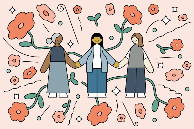 Illustration of two midwives holding the hand of a pregnant woman surrounded by a celebratory floral motif