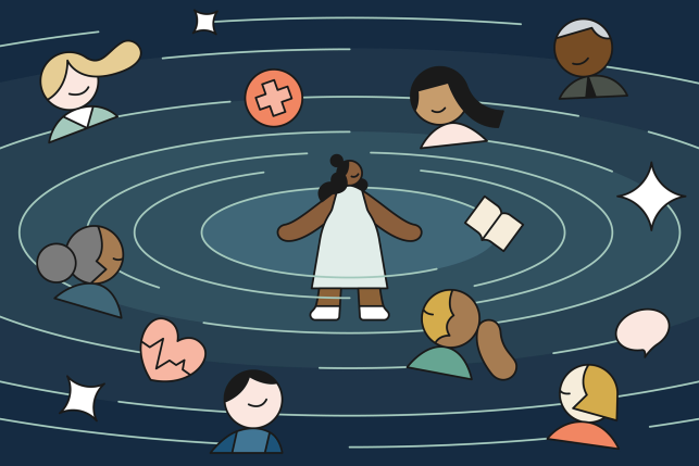 Illustration of a pregnant woman inside a swirling galaxy of heads representing her support system