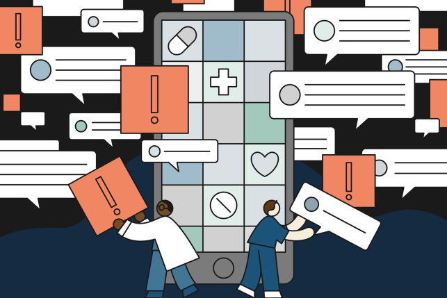 Illustration of two male doctors grabbing comment bubbles which are labeled with warning signs, standing in front of a large cell phone.