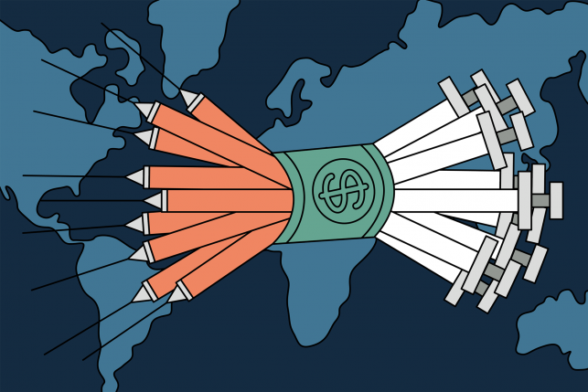 Illustration of a bundle of COVID-19 vaccine vials wrapped in U.S. dollars over a world map