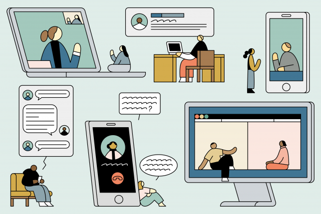 Illustration of various forms of online therapy featuring a variety of different patients and doctors using computers and mobile devices to talk, text, and video chat