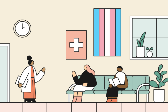 Illustration of doctor speaking with trans homeless youth