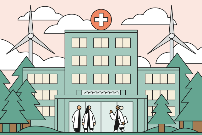 Illustration of hospital with trees and wind turbines surrounding it