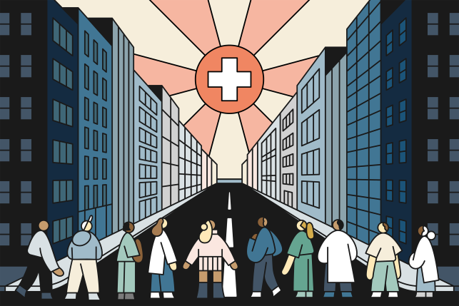 Illustration of people in a New York City street looking toward the future of public health