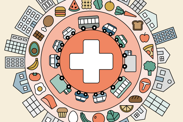 An illustration of social determinants of health radiating around a health care symbol. These determinants include things like housing, food, and transportation.