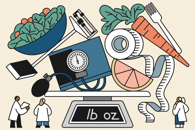 Illustration, doctors observing pile of weight-related items like healthy food, blood-pressure cuff, measuring tape atop a scale.
