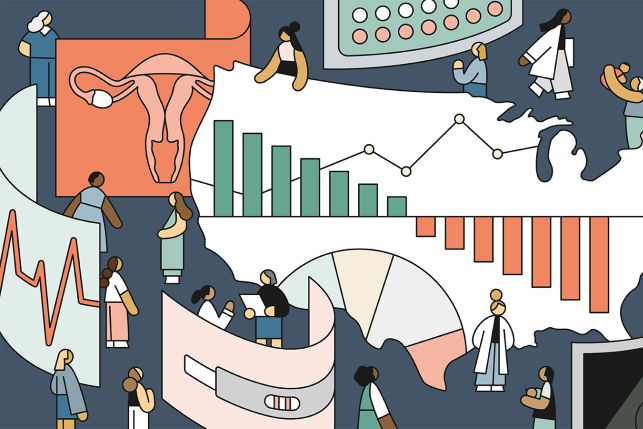 Illustration of different women across U.S. map surrounded by various symbols of women's health and reproductive care