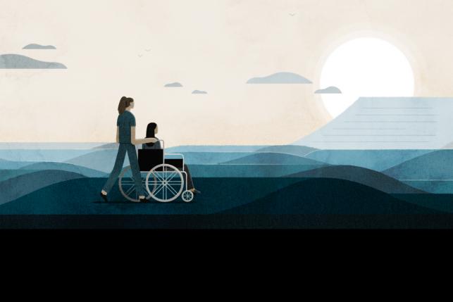 Illustration of a woman pushing someone in a wheelchair amongst paperwork hills