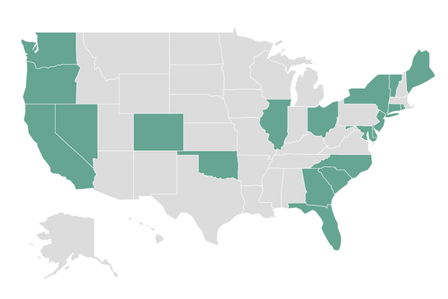 Graphic map of the United States showing variation in medical debt with color