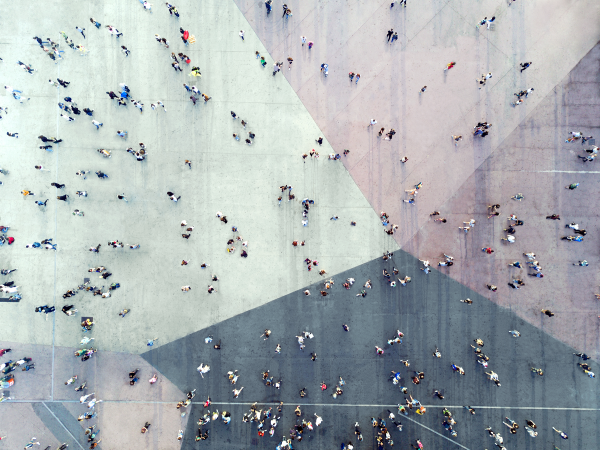 Birds eye view of people walking in a crowded square
