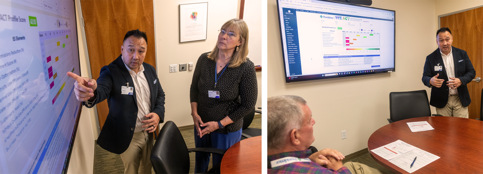 Man sharing scorecard results on a screen in a conference room with several hospital leaders.