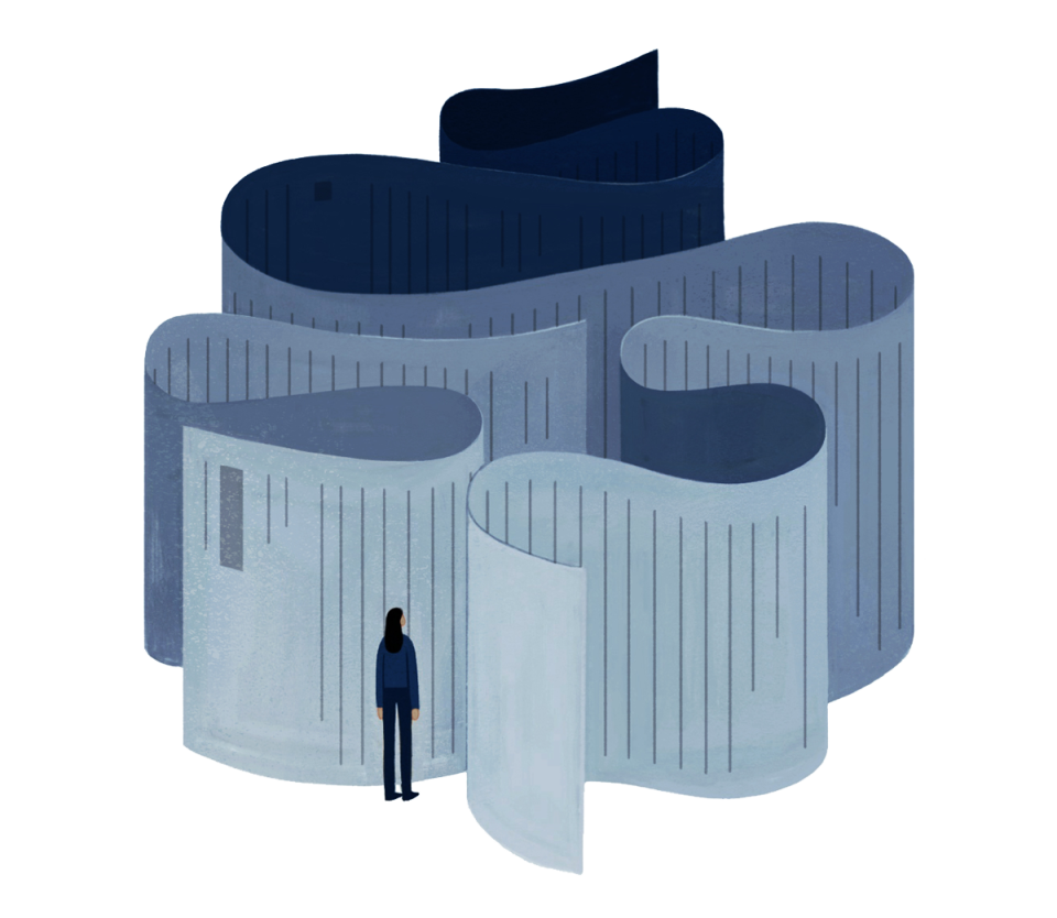 Illustration of a woman standing at the entrance to a paperwork maze