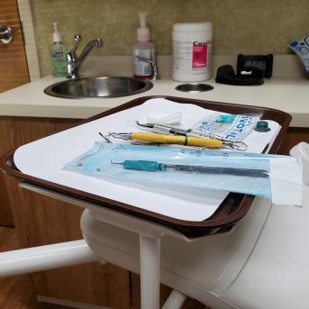 tray of dental tools at the dentists office
