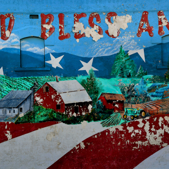 Photo, Mural of farms that reads “God Bless America“