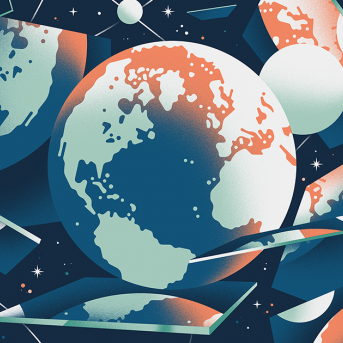 Illustration of the earth reflected in floating mirrors