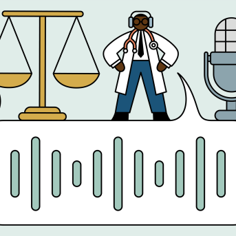 Illustration of Joel Bervell standing on top of a chat bubble surrounded by podcast imagery