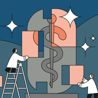 Illustration of doctors repairing an old American Medical Association logo with new colorful pieces