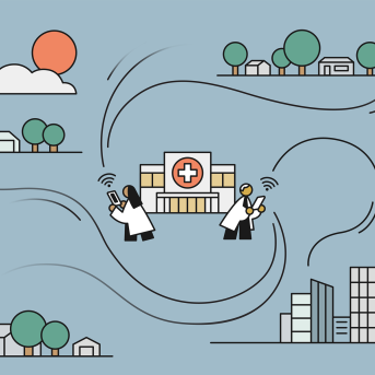 Illustration of doctors having trouble communicating with rural communities due to poor broadband service