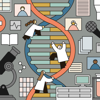 Illustration of doctors climbing up a DNA strand surrounded by lab equipment and other medical imagery