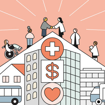 Illustration patients and doctors meeting in a handshake atop icons symbolizing value-based care like a plus sign, dollar sign, and heart.