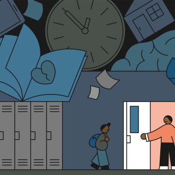 Illustration of student entering a safe classroom door held open by a teacher, in an effort to escape a school hallway that is filled with overwhelming mental health imagery