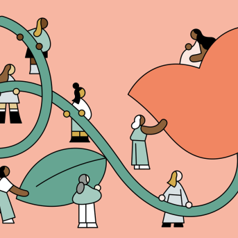 Illustration of doulas holding on to the stem of a flower where a pregnant woman rests comfortably