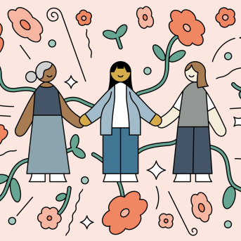 Illustration of two midwives holding the hand of a pregnant woman surrounded by a celebratory floral motif