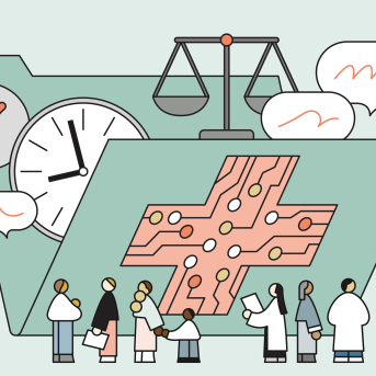 Doctors and patients observing a folder with an AI label which contains various things inside it like a clock, scale, and chat bubbles