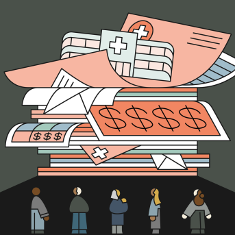 People staring up at a very large pile of medical bills with a hospital teetering on top