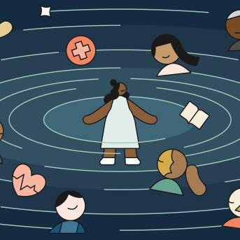 Illustration of a pregnant woman inside a swirling galaxy of heads representing her support system