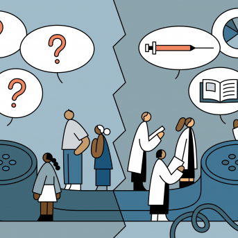 Illustration of black and brown people of various ages asking questions over the phone of doctors and experts about COVID-19 vaccines.