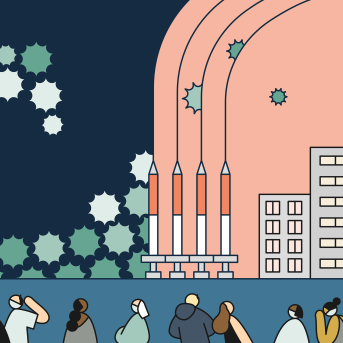 Creative illustration of people, COVID particles, and vaccine syringes