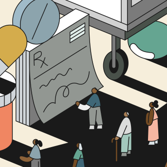 Illustration of people of color standing in the shadows of a wall of medical items