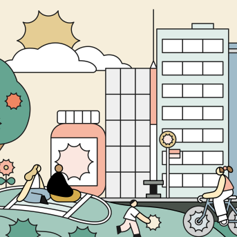 Illustration of COVID viruses as part of the fabric of everyday life