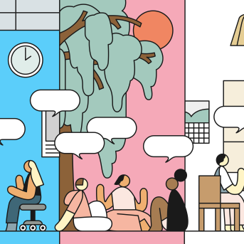Illustration of groups of people in community in the south against the backdrop of the trans flag.