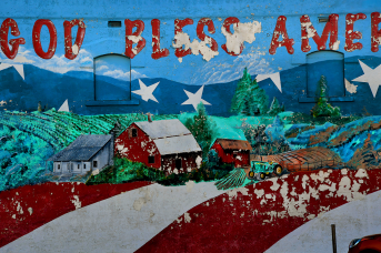 Photo, Mural of farms that reads “God Bless America“