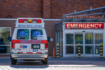 An ambulance sits in the emergency department bay of Lincoln Medical Center in the Bronx borough of New York City on Apr. 16, 2020. 