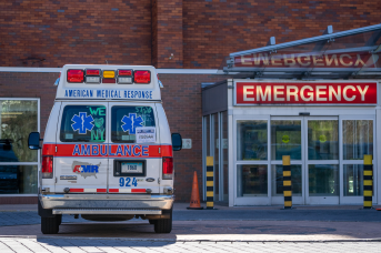 An ambulance sits in the emergency department bay of Lincoln Medical Center in the Bronx borough of New York City on Apr. 16, 2020.