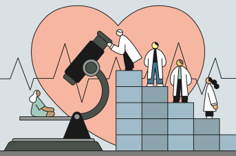 Illustration of female patient sitting on a microscope being observed by a line of cardiologists, all male except for one female